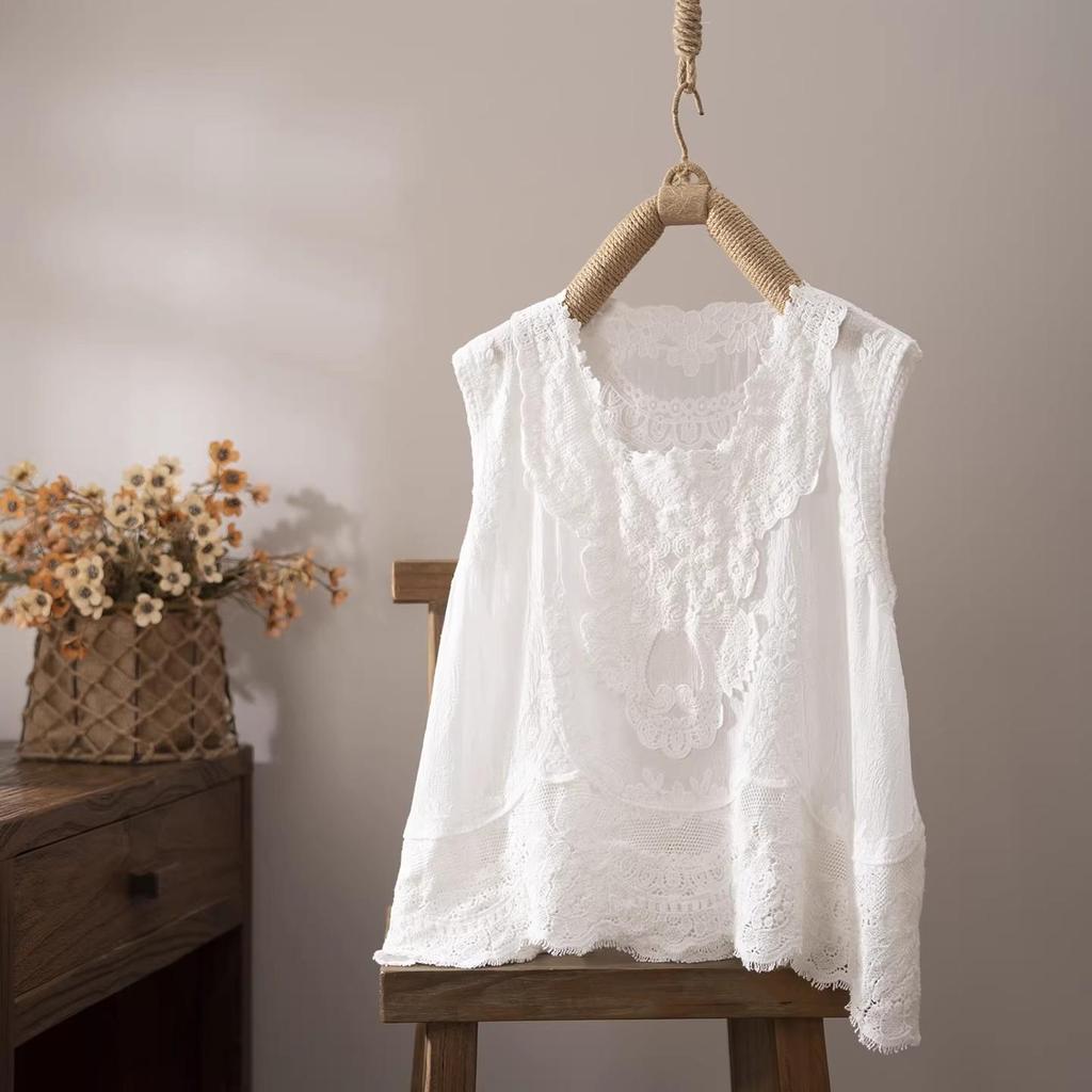 DIMANAF 2026 Vest T-Shirt Women Lace O-Neck Hollow Summer Style Basic Tops New Tees Loose Vest