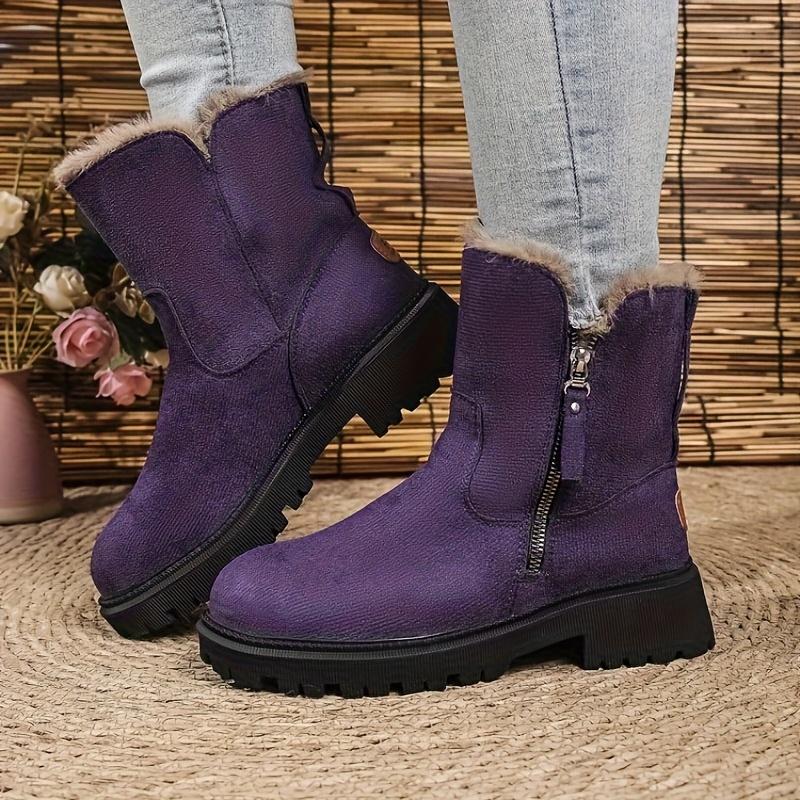 Women's Vintage Plush Fleece-Lined Winter Boots - Deep Purple Round-Toe Mid-Calf Boots