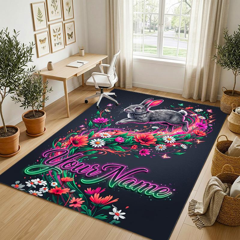 Easter Bunny Theme Crystal Velvet Rug Personalized Custom Name Text Soft Floor Mat Home Decor