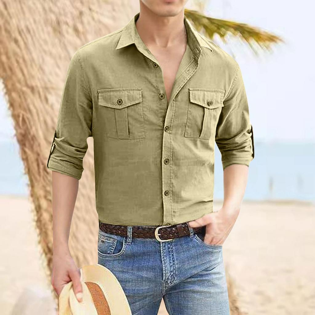 Shirt Double Pocket Cotton Linen Long Sleeve Men's Casual Holiday Shirt