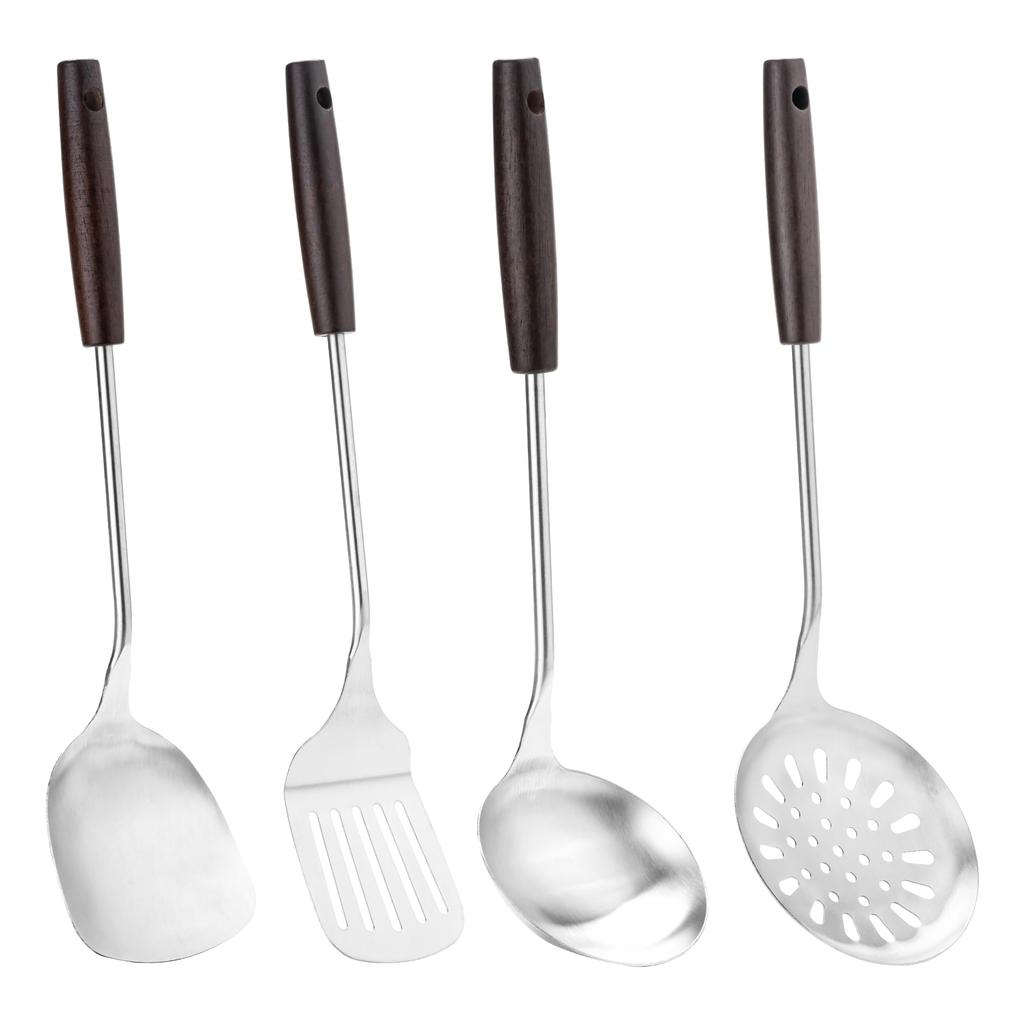 FJNATINH 4-Piece Stainless Steel Wok Utensil Set with Spatula, Ladle, Skimmer Spoon, and Slotted Spatula for Carbon Steel