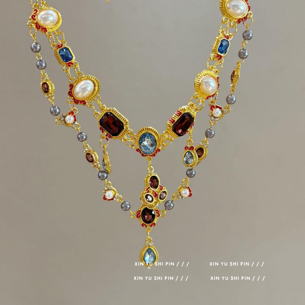 Palast Vintage Doppellagige Choker-Halskette, Barocke Quasten-Halskette mit bunten Strasssteinen und Perlen, Modeschmuck für das Schlüsselbein von Frauen