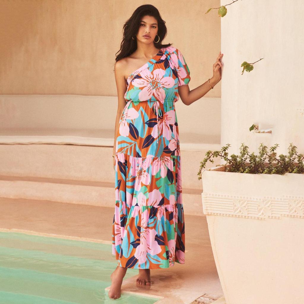 Women Spring Summer Strapless One-Shoulder Print Ankel-Length Dress V-neck High Waist