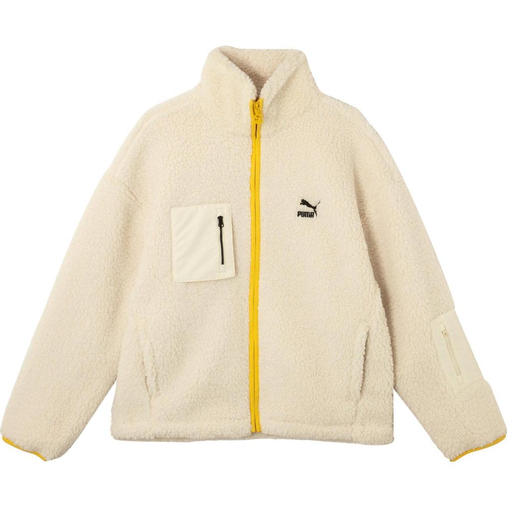 Puma Men Off White Sherpa Jacket With Yellow Zipper Casual Fleece Coat 539231-93