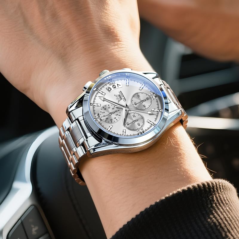 OLEVS Men's Waterproof Watch with Luminous Chronograph, Date Display, Stainless Steel Band, White, for Business and Casual Wear