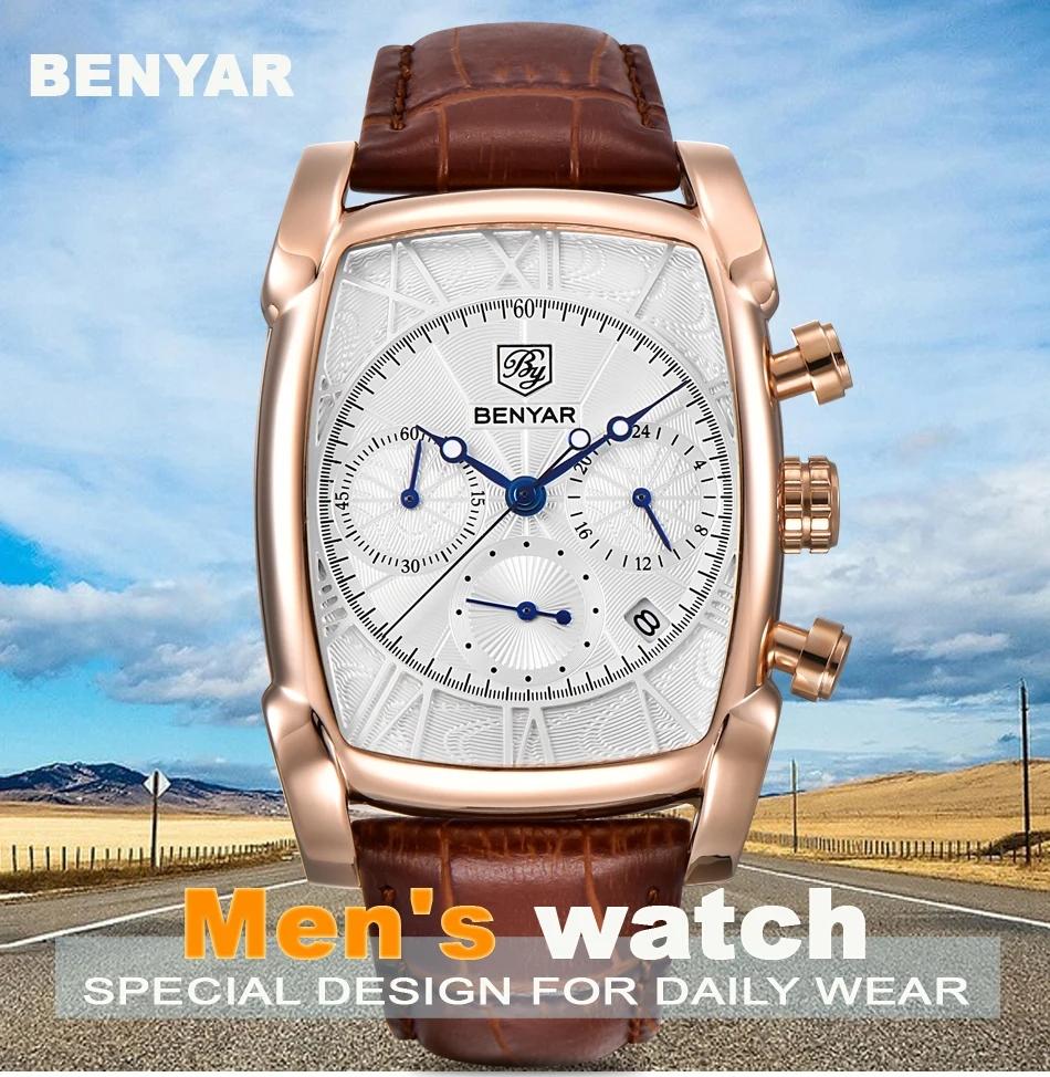 BENYAR 5113 Watch for Men Popular New Arrival Big Dial Leather Strap Western Hot Selling Square Shaped Business Man Wrist Watch