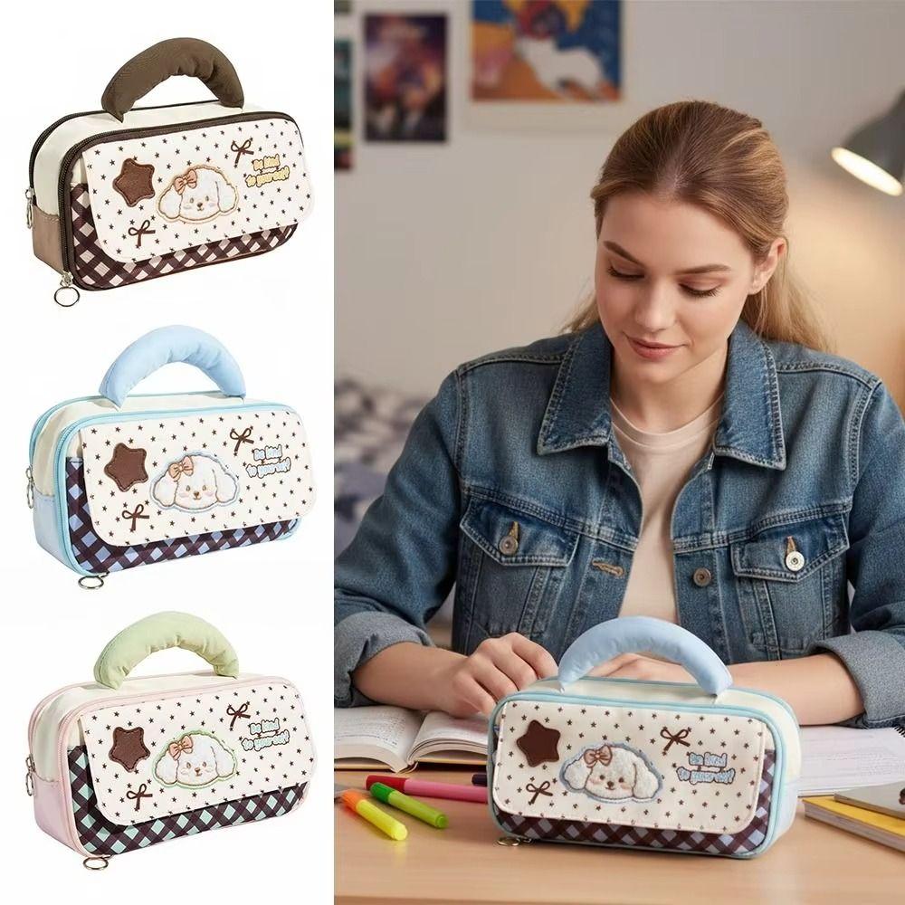 Handheld Embroidered Puppy Pencil Case Large Capacity Stationery Pouch Cartoon Pen Bag  Cosmetic