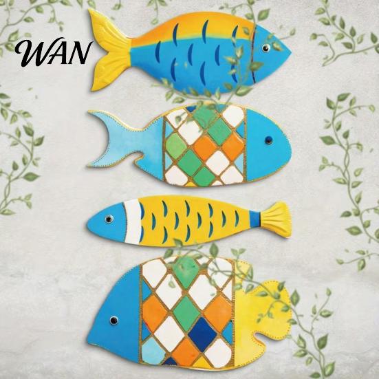 Beach Themed Wall Decor 4 Pcs Wooden Fish Nautical Rustic Coastal Ocean House Art Vintage Lake Hanging Sculpture for Bedroom Living Room