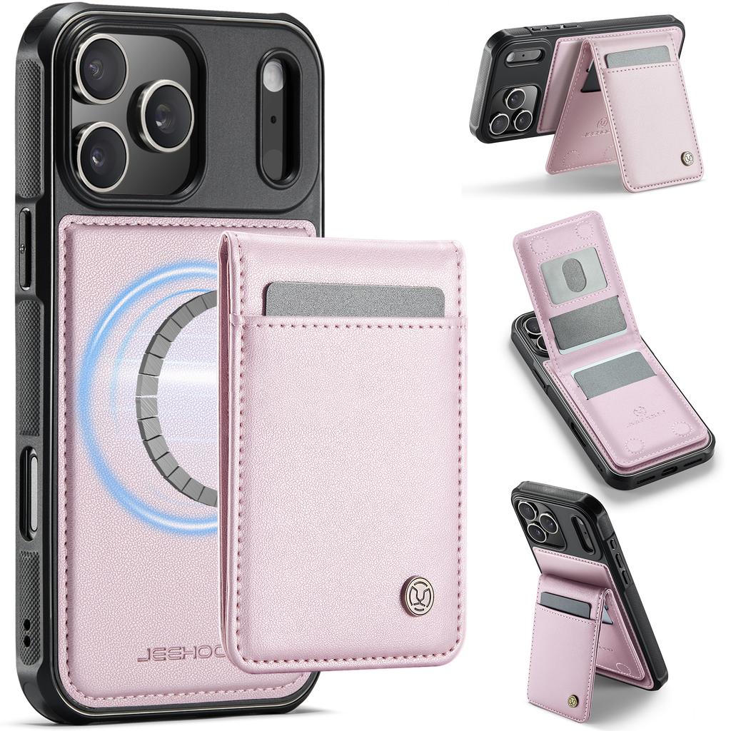 For iPhone 17 Pro Max Leather Back Cover JEEHOOD J06 Magnetic Phone Case with Card Bag RFID Blocking