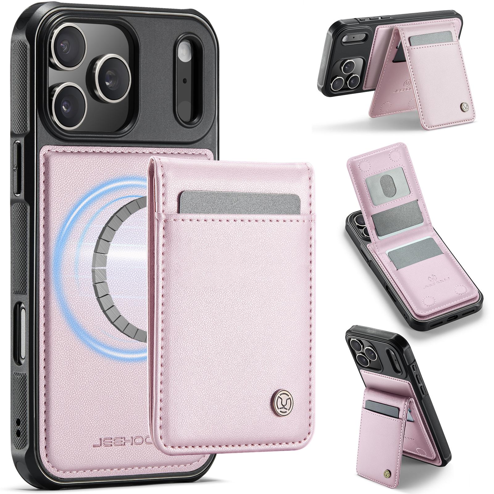 

For iPhone 17 Pro Max Leather Back Cover JEEHOOD J06 Magnetic Phone Case with Card Bag RFID Blocking