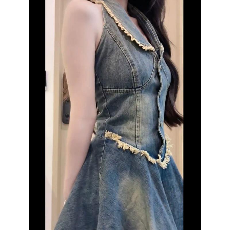 Plus Size Retro Hot Girl Halter Neck Dress - Summer Denim Frayed Edge Skirt