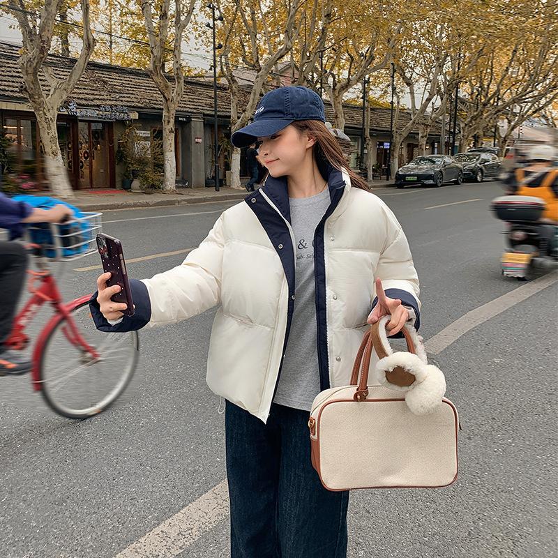 2025 new down cotton clothes women's short stand-up collar loose contrasting colors thickened loose warm bread clothes Korean version jacket