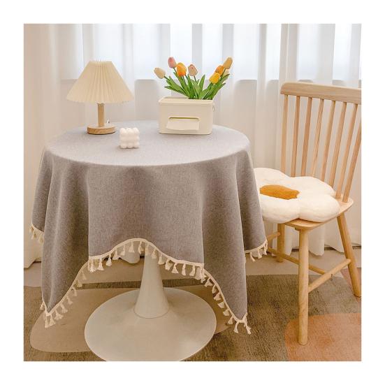 Tovaglia in Cotone e Lino con Bordi Frangiati, Tovaglia Monocolore Lavabile con Nappe, Copritavola Rotondo per Cucina Sala da Pranzo
