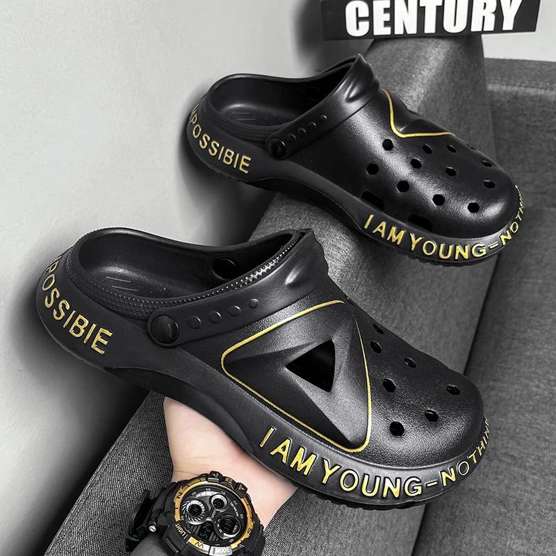 

2024 Летние модные тапочки мужские сабо мужские шлепанцы дышащие нескользящие мюли мужские садовые туфли женские повседневные пляжные сандалии 36-37 чёрный