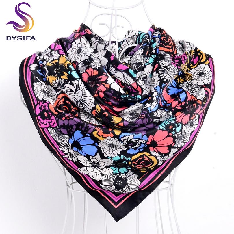 [BYSIFA] Brand Black Ladies Silk Scarf  New 90*90cm Matt Satin Square Scarves Fashion Accessories Spring Autumn Silk Scarf