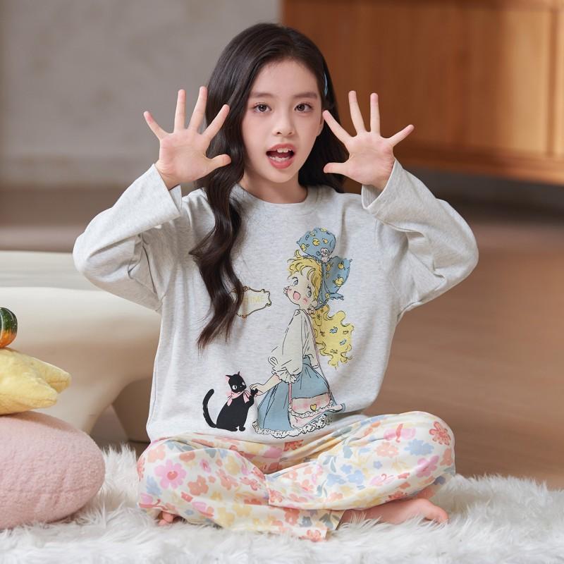 Girls Cotton Pajama Set Long Sleeve Round Neck Cartoon Print Sleepwear Kids Teens Home Wear
