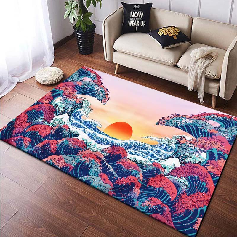 Japanisches Wellenbild Künstlerische Teppiche für Schlafzimmer Lustige Fußmatten Teppiche für Wohnzimmer Jungen Mädchen Kinderzimmer Heimdeko Rutschfest