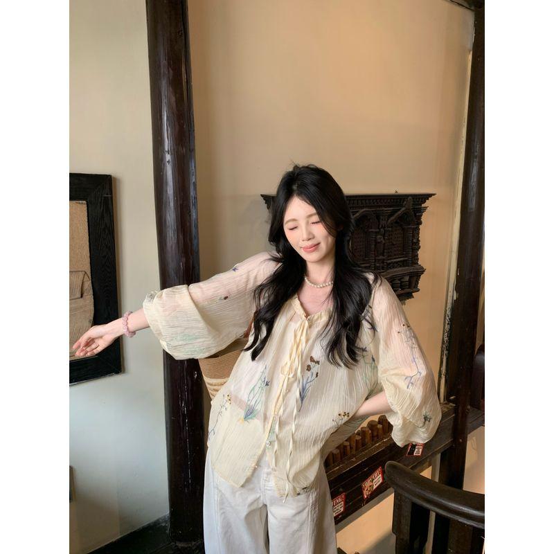 Kumikumi Sweet Style Print Tied Long Sleeves Shirt Women's Autumn New Arrival Niche Loose Slimming Thin Tops