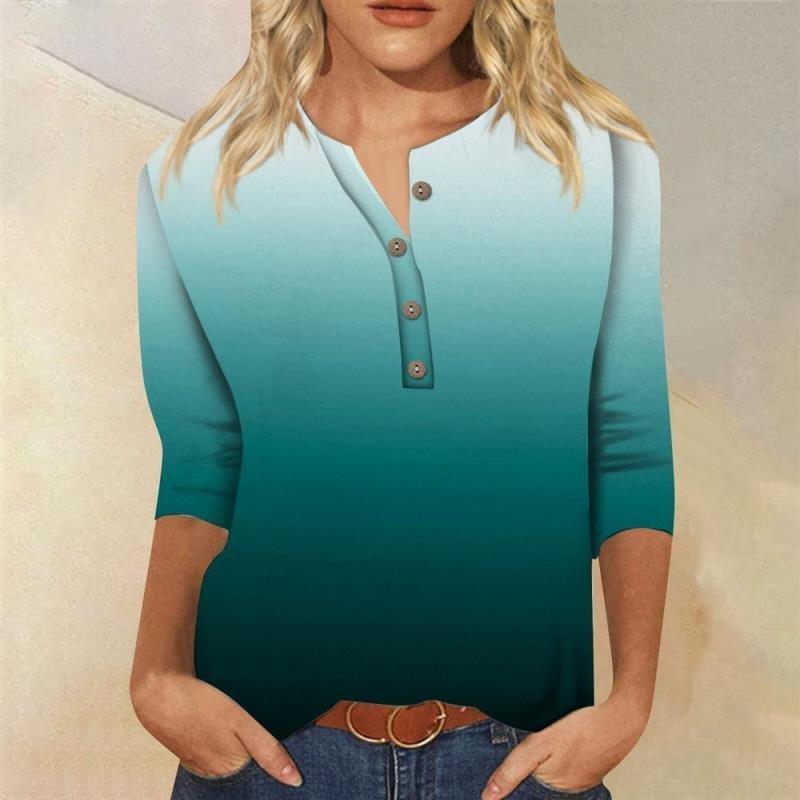 Button V-neck 3D Printed Top Fashionable Casual Long Sleeved Women's T-shirts