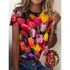 Fashion Women's Crew Neck Short Sleeve 3D Flower Color Printing Flower Short Sleeve Crew Neck T-Shirt