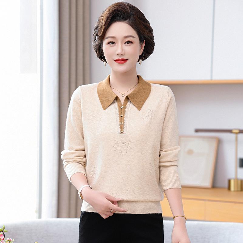 Mom's 2026 Autumn Lapel Knit Top: Stylish Sweater Set for Middle-Aged & Elderly Women