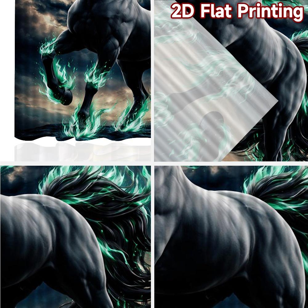 2D FLAT PRINTING 2pcs Curtains (Without Rod) Black Horse with Green Flames Modern Curtains&Drapes Versatile Polyester Fabric