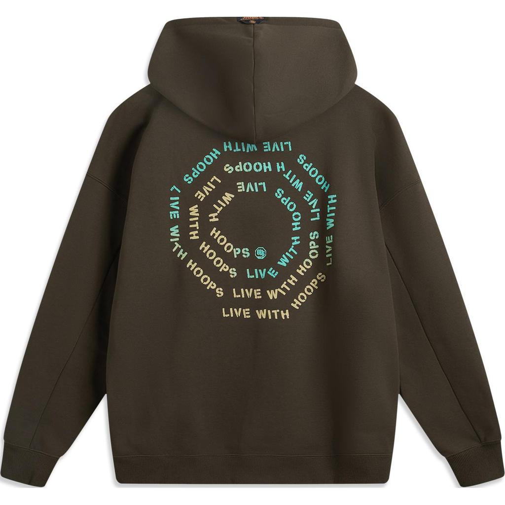 Li Ning Badfive Serie Bequemes Lässiges Kapuzensweatshirt mit Buchstabenprint Lockeres Fleece-Sweatshirt für Herren Schieferbraun AWDU503-2