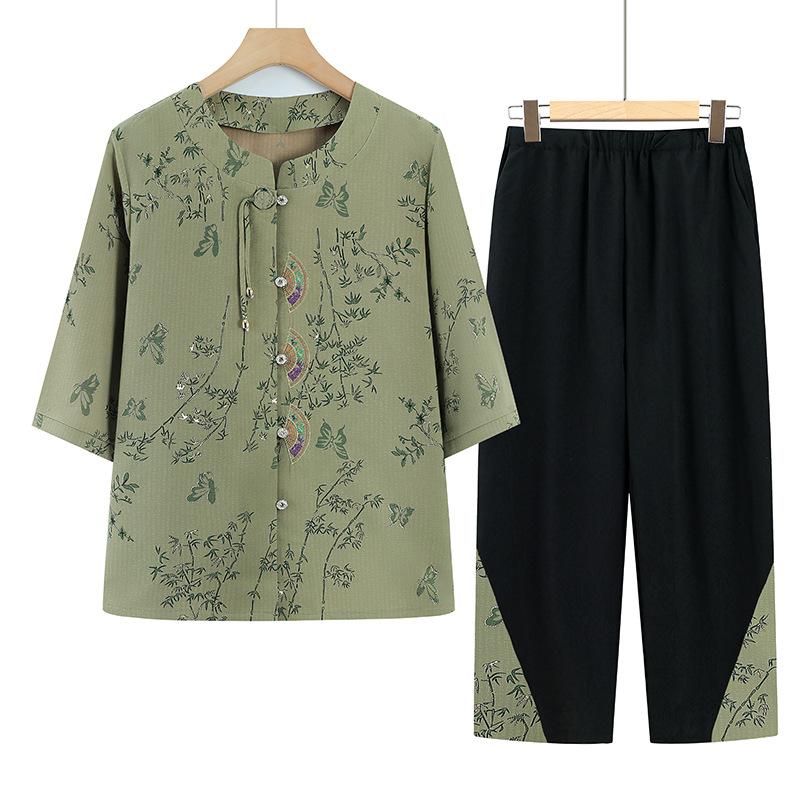 Summer Clothing for The Elderly Short-sleeved Fashionable Ladies' Traditional Chinese Style Suit Two-piece Suit
