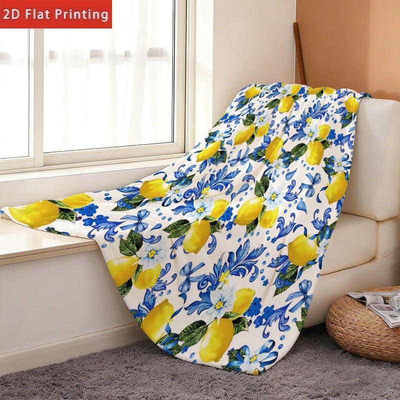 Lemon Blue Floral Flannel Throw Blanket Yellow Fruit Mediterranean Style Soft Sofa Bed Blanket
