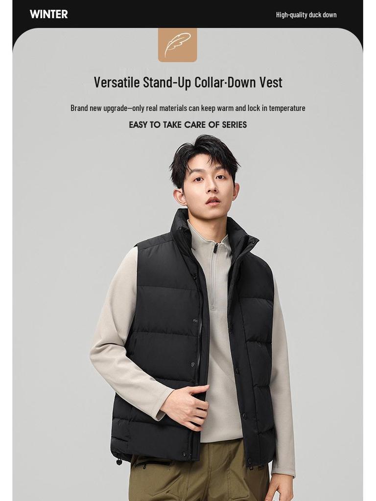 Men's 2026 Winter Stand Collar White Duck Down Vest - Casual, Warm, and Trendy Sleeveless Outerwear.