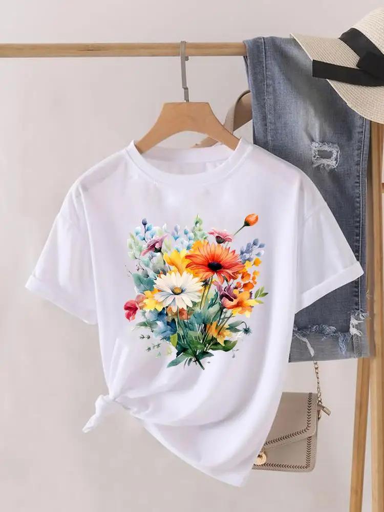 Short Sleeve Women Print Summer TShirt Fashion Clothing Graphic T-shirts Watercolor Flower Cute Clothes Lady Casual Tee