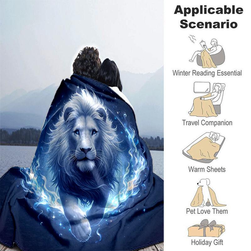 1pc Blue Flame Majesty Lion Blanket Cartoon Throw for Home Decor, Gift Idea, All Seasons Use .K011