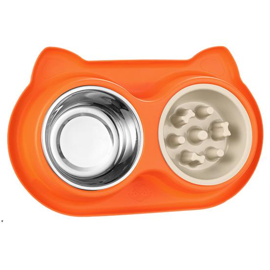 Yousheng Double Bowls Pet Feeder, Slow Feeder Bowl And Stainless Steel Bowl, Spill-Proof Anti-Slip Water And Food Bowl Set for Indoor Cats Dogs
