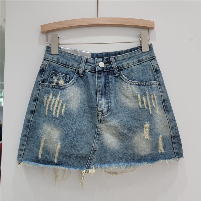 European station denim short skirt women s skirt summer new Korean version ripped anti-light versatile hip-wrapped trouser skirt S