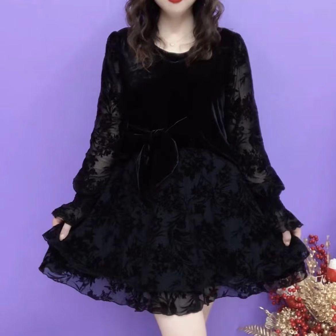 2026 Korean Style Lace Patchwork Dress: Chic, Loose-Fit, Autumn Fashion for Moms XL (100-120 jin) чёрный