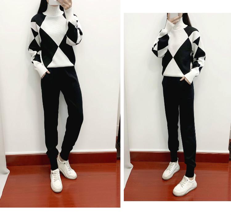 European Style Women's Casual Plaid Knit Sweater Two-Piece Set