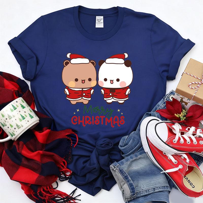 Kawaii SnowUnisex Bubu Dudu Christmas Graphic Tshirt Trendy Funny Cartoon Panda Printing Women Shirt Fashion Holiday Cotton Tees