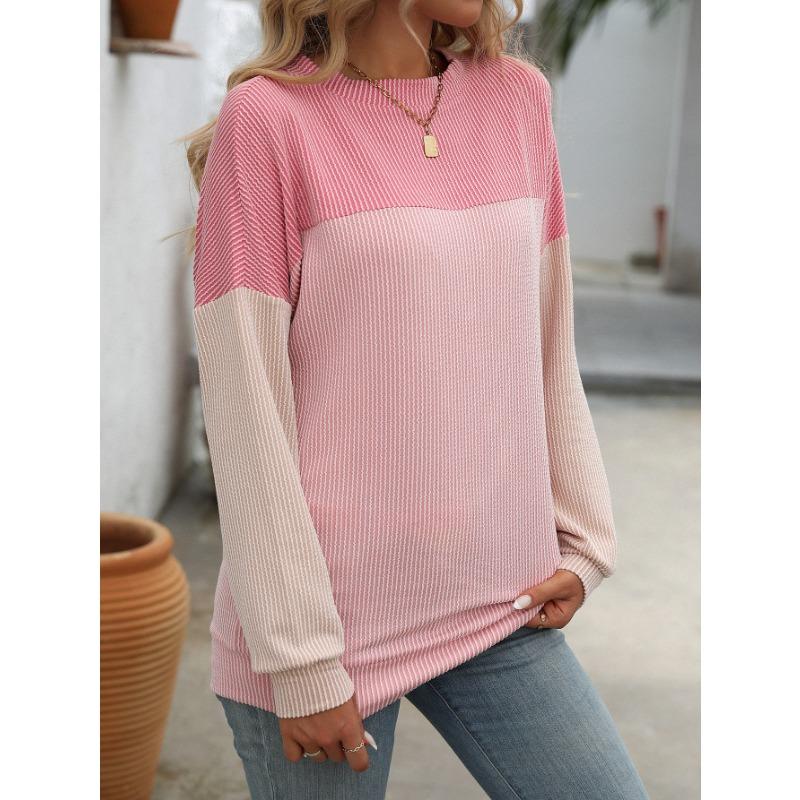 Loose Long Sleeve Colour Block Top Women Spring Autumn Round Neck Twisted Stripe