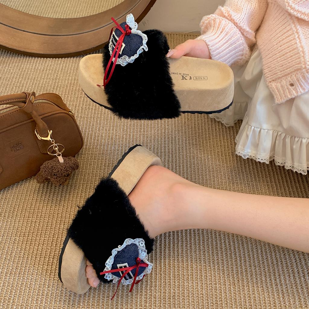 White non-slip thick-soled fluffy slippers for women's outer wear 2025 new autumn and winter heightening non-slip French one-word drag shoes