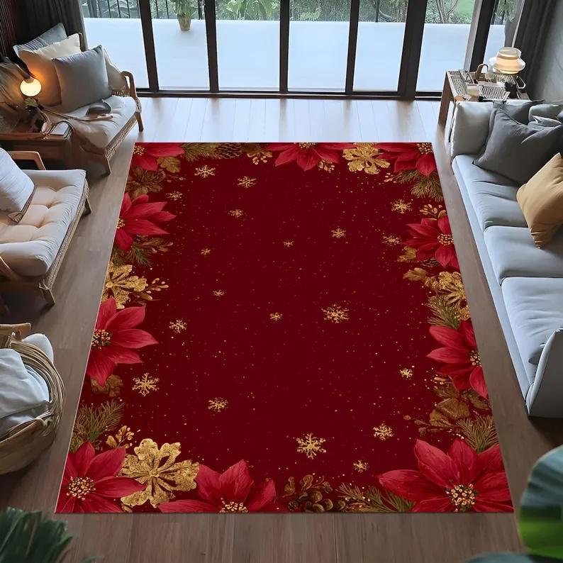 

Christmas Rug, Red Poinsettia Rugs, Holiday Floral Mat, Festive Gold Snowflake Rug, Xmas Border Rug, Elegant Christmas Decor Rug 40x60cm