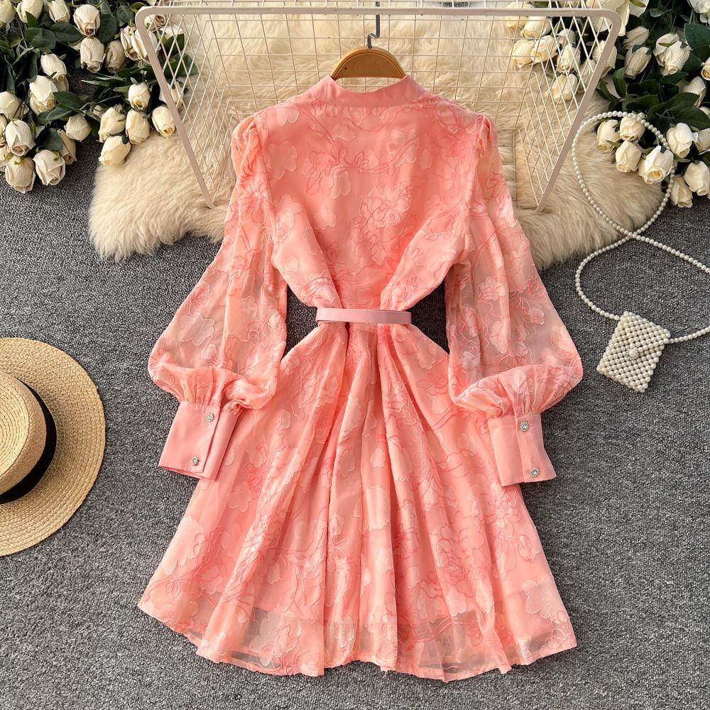 Französischer Stil Hoflaternenärmel Stickerei Kleid Damen Frühling Sommer Taille Ausgeschnitten Einreiher A-Linien-Rock Elegant