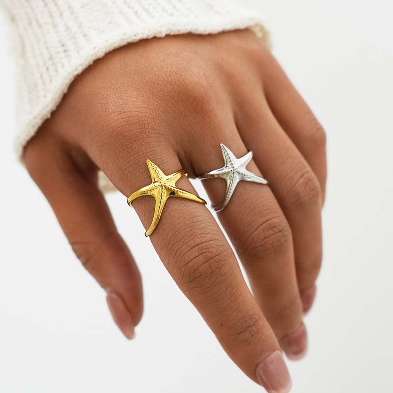 Stainless Steel Gold Color Starfish Open Rings Fashion Metal Hollow Star Adjustable Finger Ring Waterproof Jewelry Gift 2026