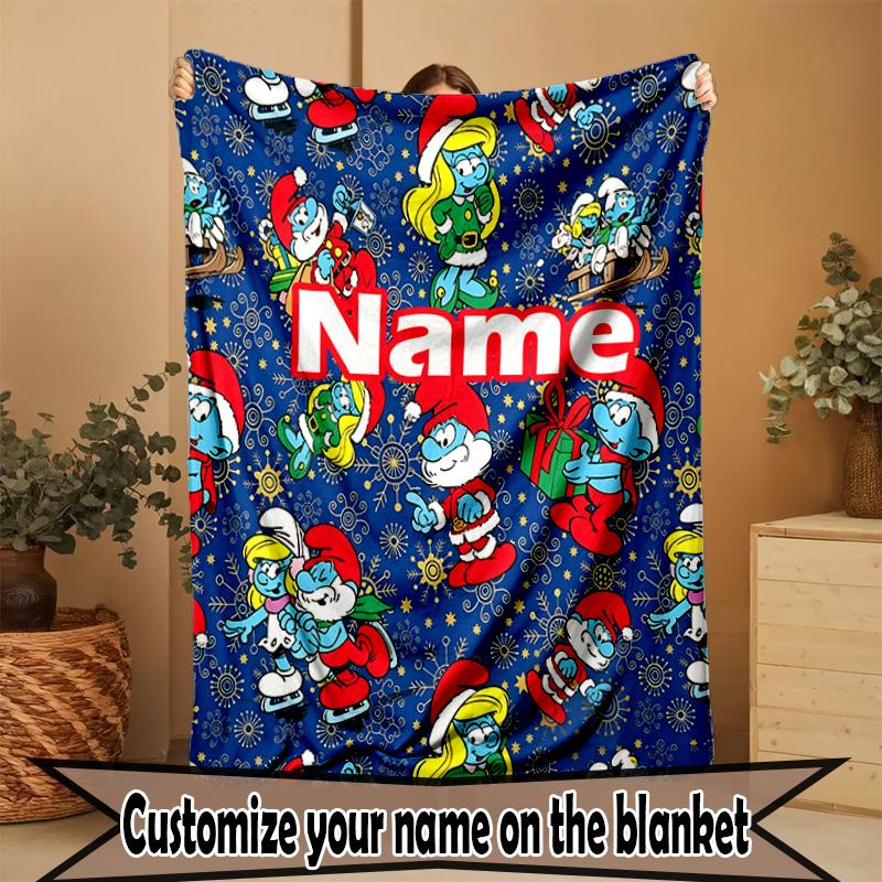 Custom Name Personalized Blue Smurfs Print Blanket, Home Decor, Bedroom, Sofa, Camping, Couch, Gifts for Birthday Christmas
