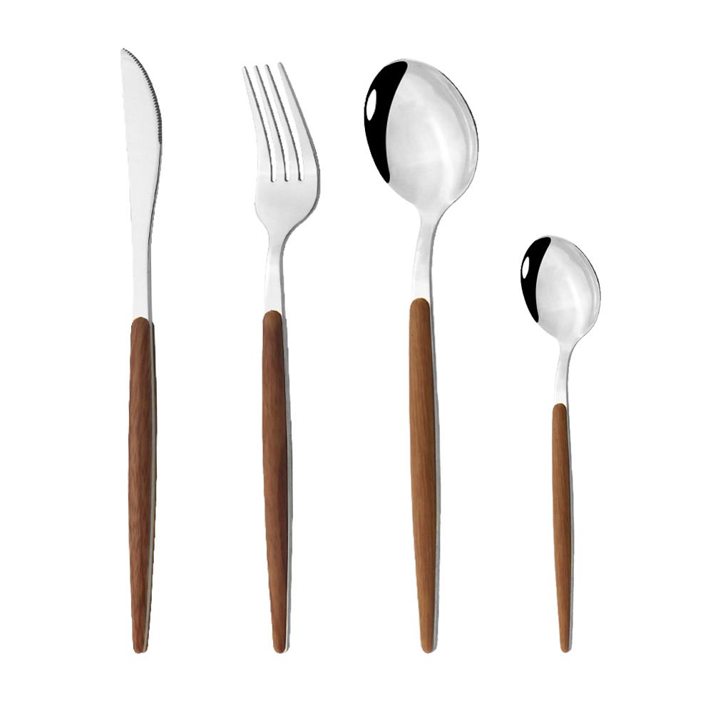 Dinnerware Set With Wooden Handle 4Pcs Gold Flatware Cutlery Set Coffee Spoon Dinner Knife Fish Fork Silverware Tableware Set