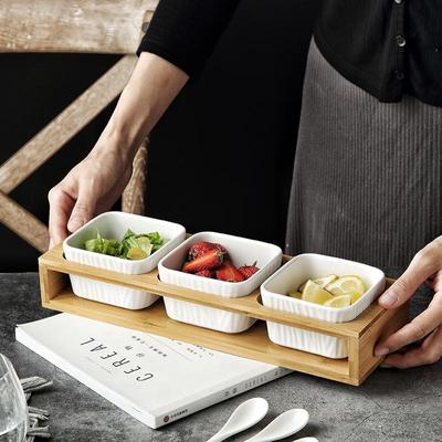 Beyaz Seramik Kase Bambu Ahşap Tepsi Meyve Çeşniler Meze Tepsisi ve Tatlılar Servis Tepsisi