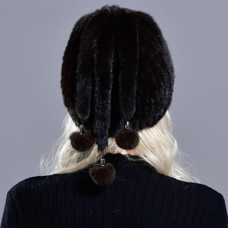 Real Mink Fur Hats Women's Winter Natural Geniune Fur Warm Knitted Hats with 3 Balls Handsewn Fashionable Skullies Beanies Hat