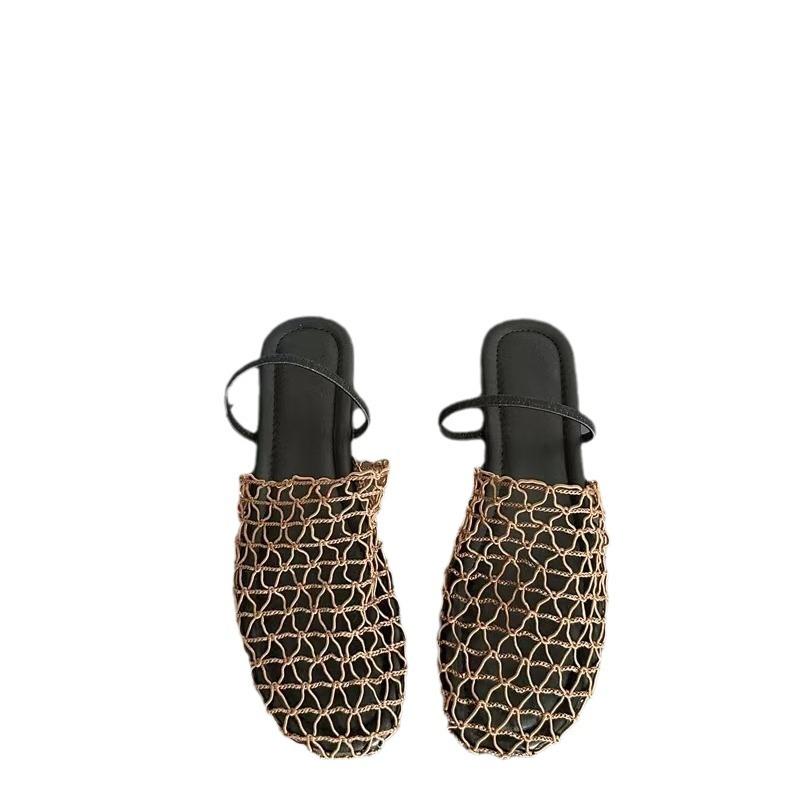 2025 spring and autumn new niche woven hollow mesh sandals women's fashion flat-bottomed breathable bag head sandals