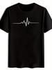 Vintage Rock Band Graphic Print Short Sleeve T-shirt - Black with White Heartbeat Line Design