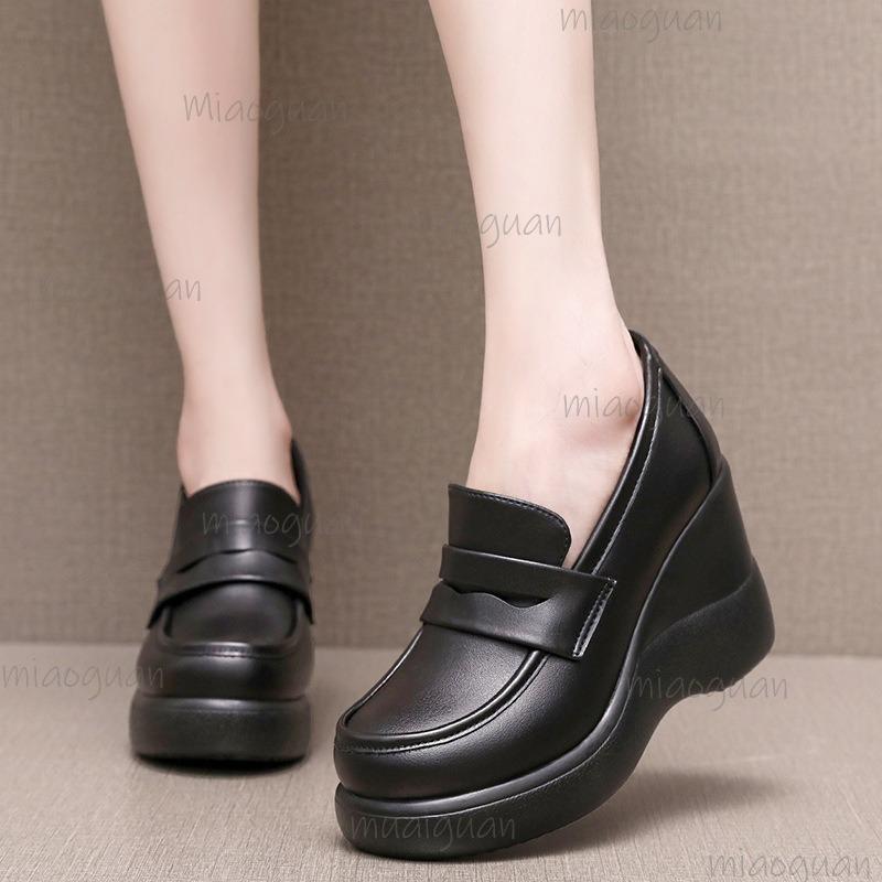 British Style Slip-on Women's Platform Shoes Wedges Office Ladies Fashion Loafers Thick-sole High Heel Pumps Black Size 34-43
