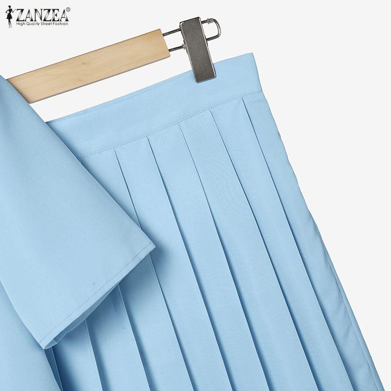 ZANZEA Women Short Sleeve Blouse and Pleated Skirts Casual Two Piece Sets
